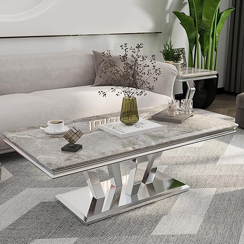 Miniatura 4 de ACEDÉCOR Mesa auxiliar mesa de centro plateada con cuatro bases de espejo geométrico mesa de café rectangular con marco de metal mesa de centro