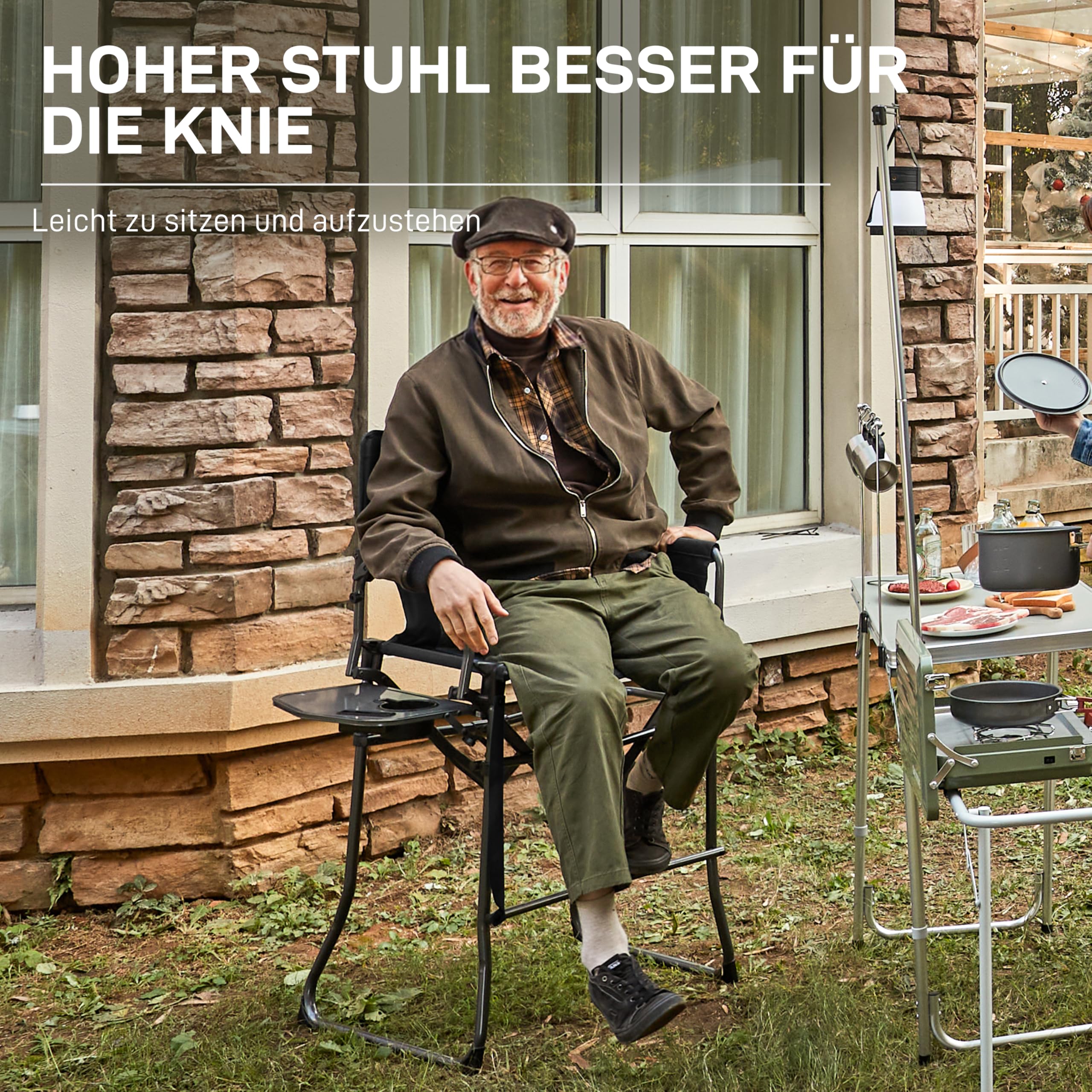 EVER ADVANCED 78CM Sitzhöhe Regiestuhl Hoch Klappbar, Make Up Stuhl Faltbar 160KG Belastbar mit Beistelltisch&Seitentasche, Schminkstuhl für Make-up Artist, Sportveranstaltung, Bar-Stuhl，Schwarz-Grau