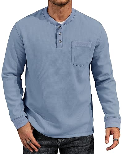 Mens Waffle Fleece-Lined Henley Shirts Heavyweight Thermal Long Sleeve Casual