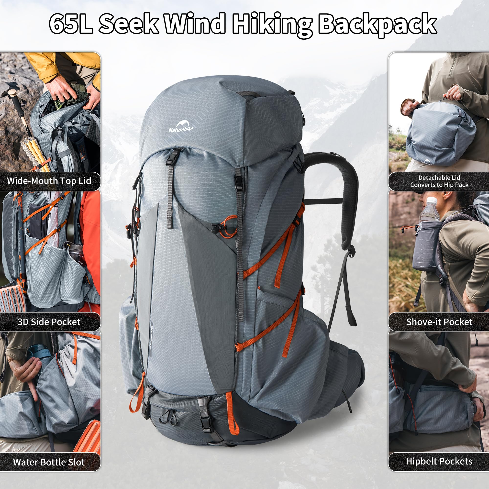 Naturehike Seek Wind plecak trekkingowy, 35 l/65 l, dla mężczyzn i kobiet, plecak turystyczny, wodoszczelny, plecak podróżny, plecak outdoorowy z pokrowcem przeciwdeszczowym, na kemping, do jazdy na