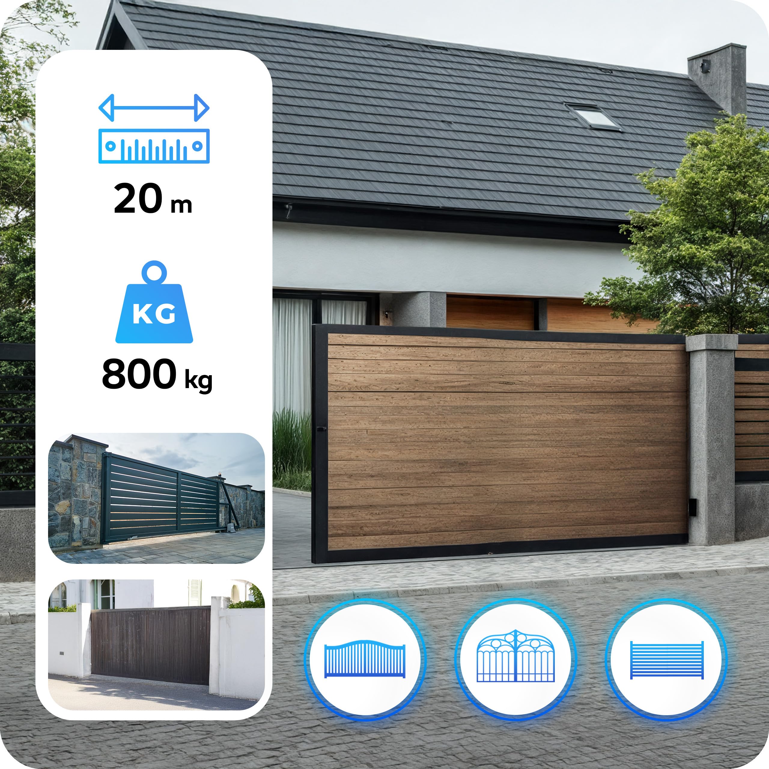 TECHGLOBE Juego de accionamiento de puerta corredera, 800 kg, accionamiento eléctrico para puertas correderas, lámpara LED + 4 mandos a distancia, juego completo para puerta de entrada