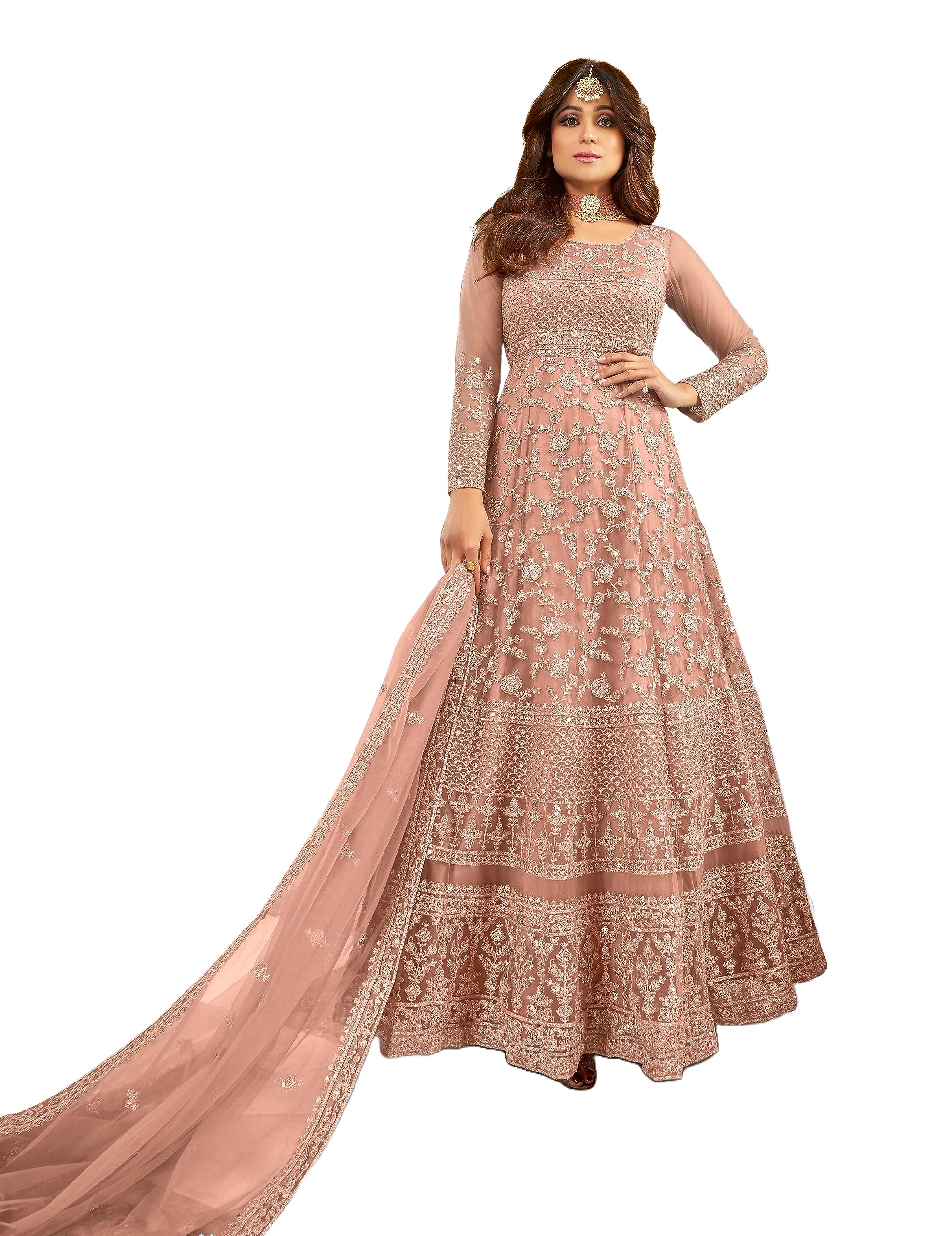 Women's Net Semi Stitched Gown Top With Satin Silk Fabric Bottom & Net Dupatta Embroidered Anarkali Dress-image-37