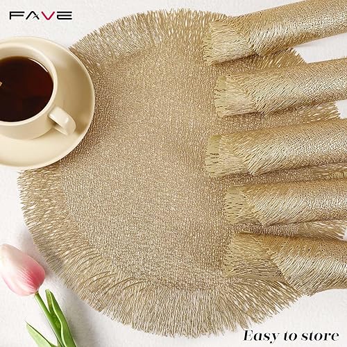 Miniatura 8 de FAVE Juego de 6 manteles individuales redondos de vinilo dorados con borlas huecas lavables para decoración de mesa, uso diario de mesa, decoración