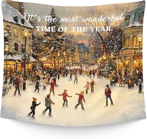 WAITPI Tapiz vintage de invierno para colgar en la pared, para dormitorio, acogedora escena de invierno, patinaje sobre hielo, Navidad, vacaciones,