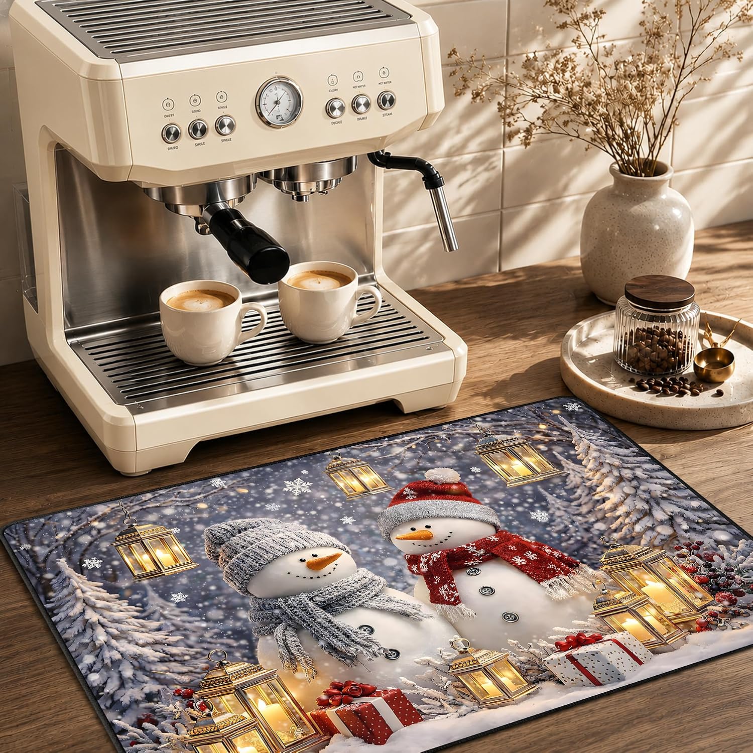Snowy Pine Tree Snowman Vintage Lantern Christmas Stove Cover for Electric Stove, 28.3 x 20.5 Inch Non-Slip Heat Resistant Stove Top Protector Mat, Holiday Kitchen Decor
