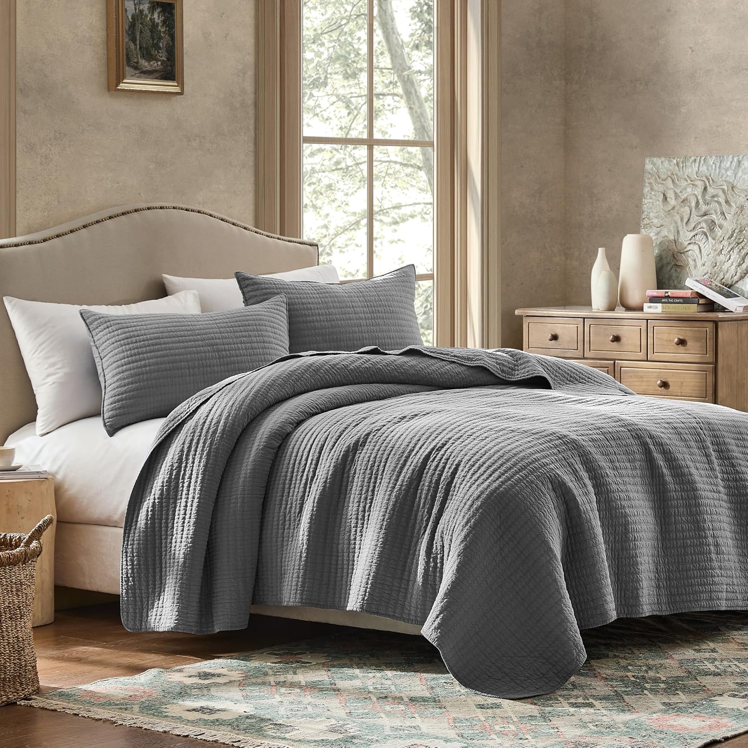 WDCOZY 100% Cotton Twin Size Quilt Set - Grey Striped Pick Stitch Soft Lightweight Bedspread, Textured Like Linen, Farmhouse Country Rustic Coverlet, Shabby Chic Gauze Bedding, 2 Pieces - Image 5