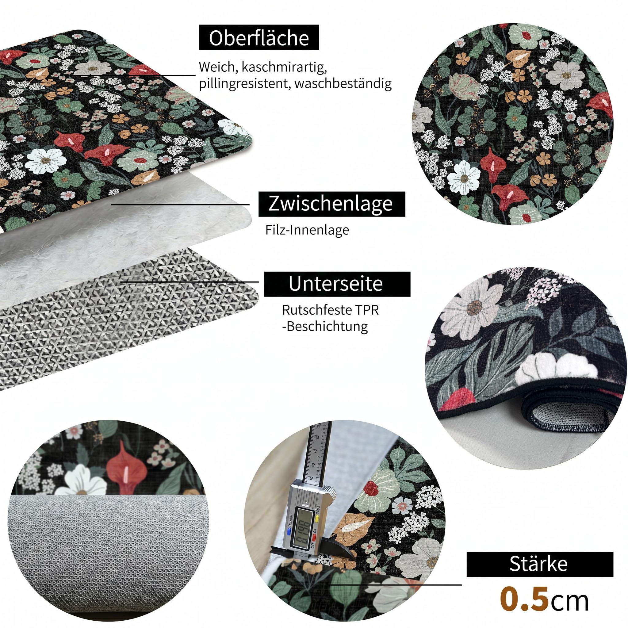 Teppich Schwarzer Wohnzimmer Waschbar 140x200 Boho Floral Kurzflor Teppich mit Weißen Roten Blumen Rutschfest & Weich Indoorteppich Extra DüNn Groß Teppiche für Haushalte mit Kindern & Haustieren
