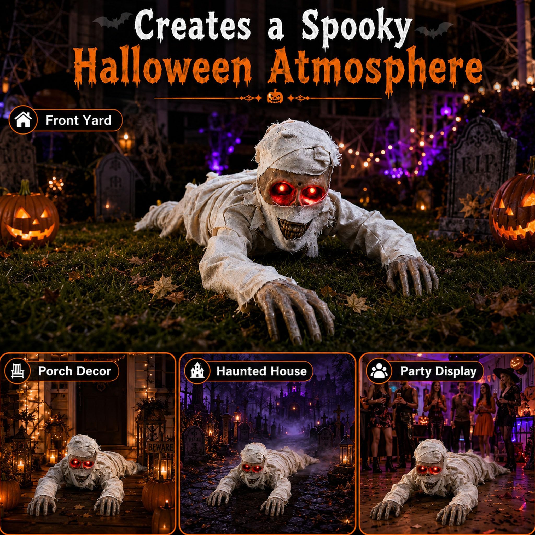 Kriechende Halloween Die Mumie, Halloween Deko Mumie Hat Leuchtend Rote Augen, Intelligente Sprachgesteuerte, Horror-Soundeffekte, Batteriebetrieben, FüR Innen, Garten, Rasen, Hofdekoration