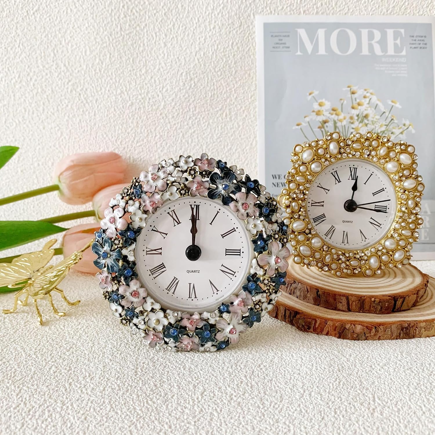 Silent Mini Vintage Analog Table Clock with Hand-Painted Metal Body and Battery Operated Non-Ticking Core for Shelf, Bedroom, Bedside, Desk, Gift Clock
