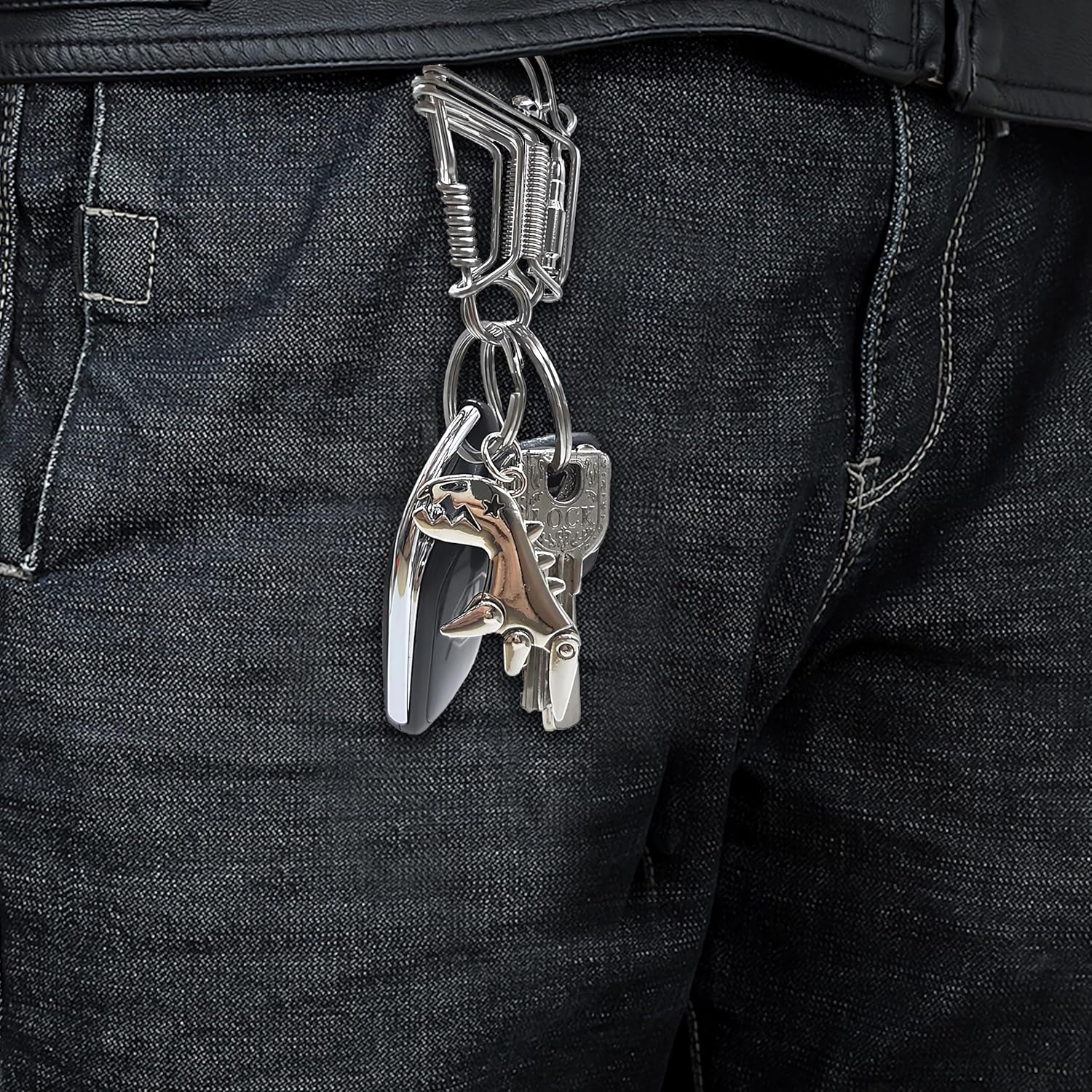 車用キーチェーン、男性用キーチェーン、小型恐竜ペンダント付きステンレスキーチェーン、3つのキーリング付き高耐久カーキーチェーン(シル