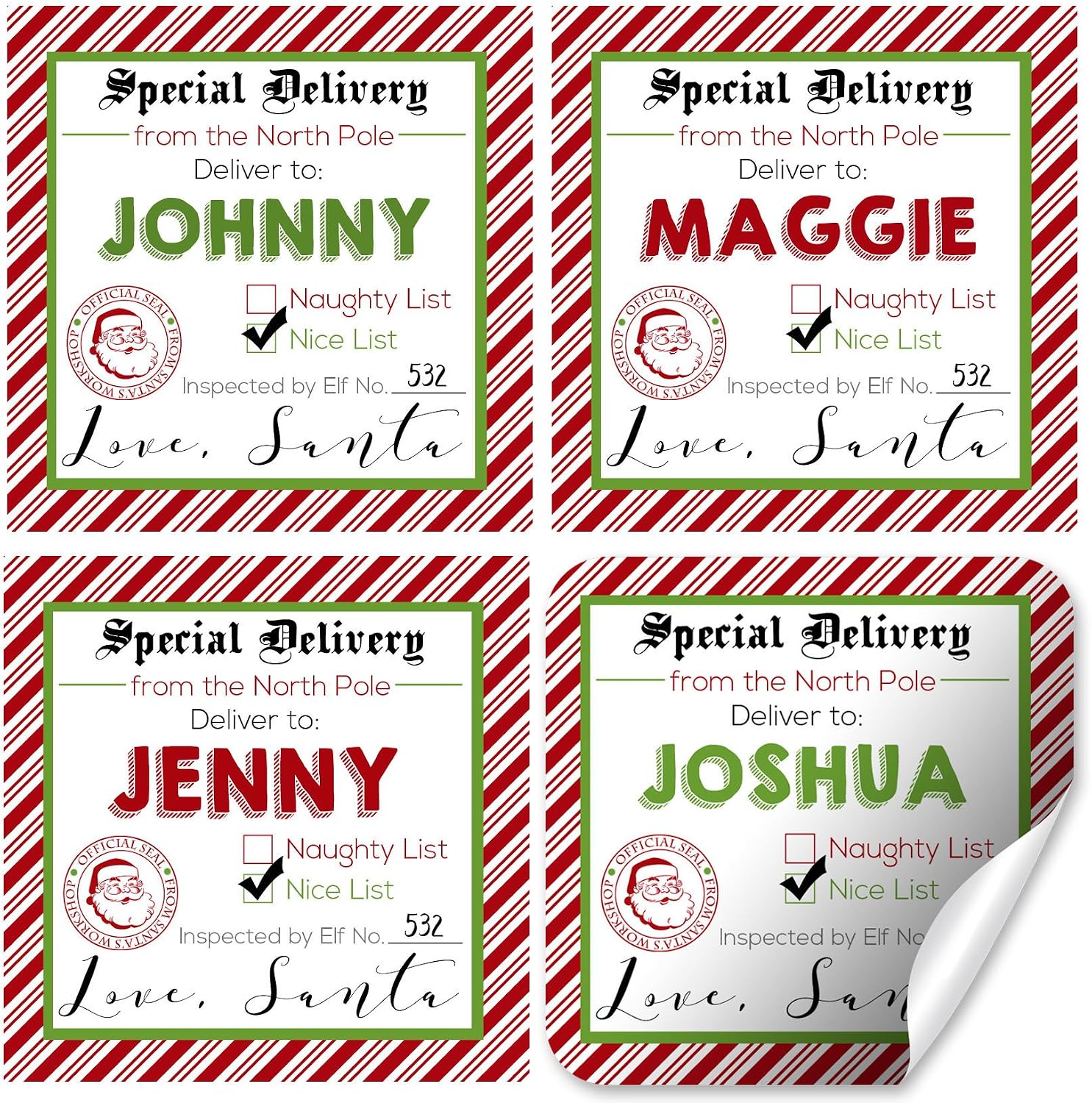Custom Santa’s Special Delivery Christmas 12 Custom Gift Tag Stickers 2.5" Square Labels for Holiday Packaging, Personalized with Child’s Name, Cute North Pole Design, Made in USA by Amanda Creation