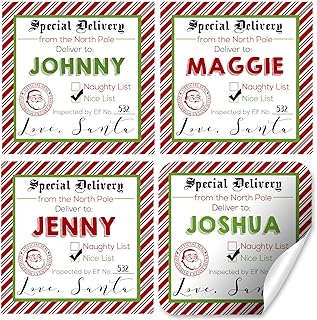 Custom Santa's Special Delivery Gift Tag Stickers, Personalized Square Set of 12, 2.5 x 2.5 inch, North Pole Themed Labels, Holiday Packaging Tags by Amanda Creation