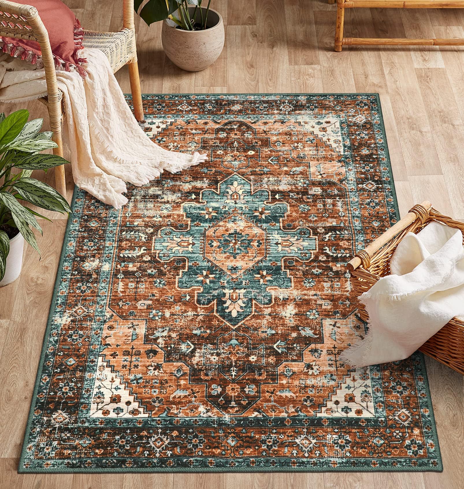 Moynesa Ultra-Thin Washable Vintage Area Rug - 3x5 Boho Non-Slip Entryway Rug Oriental Medallion Living Room Rug Entrance Mat Carpet for Kitchen Laundry Bathroom Bedroom, Brick Red/Dull Teal
