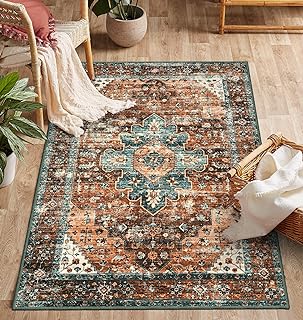 Moynesa Ultra-Thin Washable Vintage Area Rug - 3x5 Boho Non-Slip Entryway Rug Oriental Medallion Living Room Rug Entrance Mat Carpet for Kitchen Laundry Bathroom Bedroom, Brick Red/Dull Teal