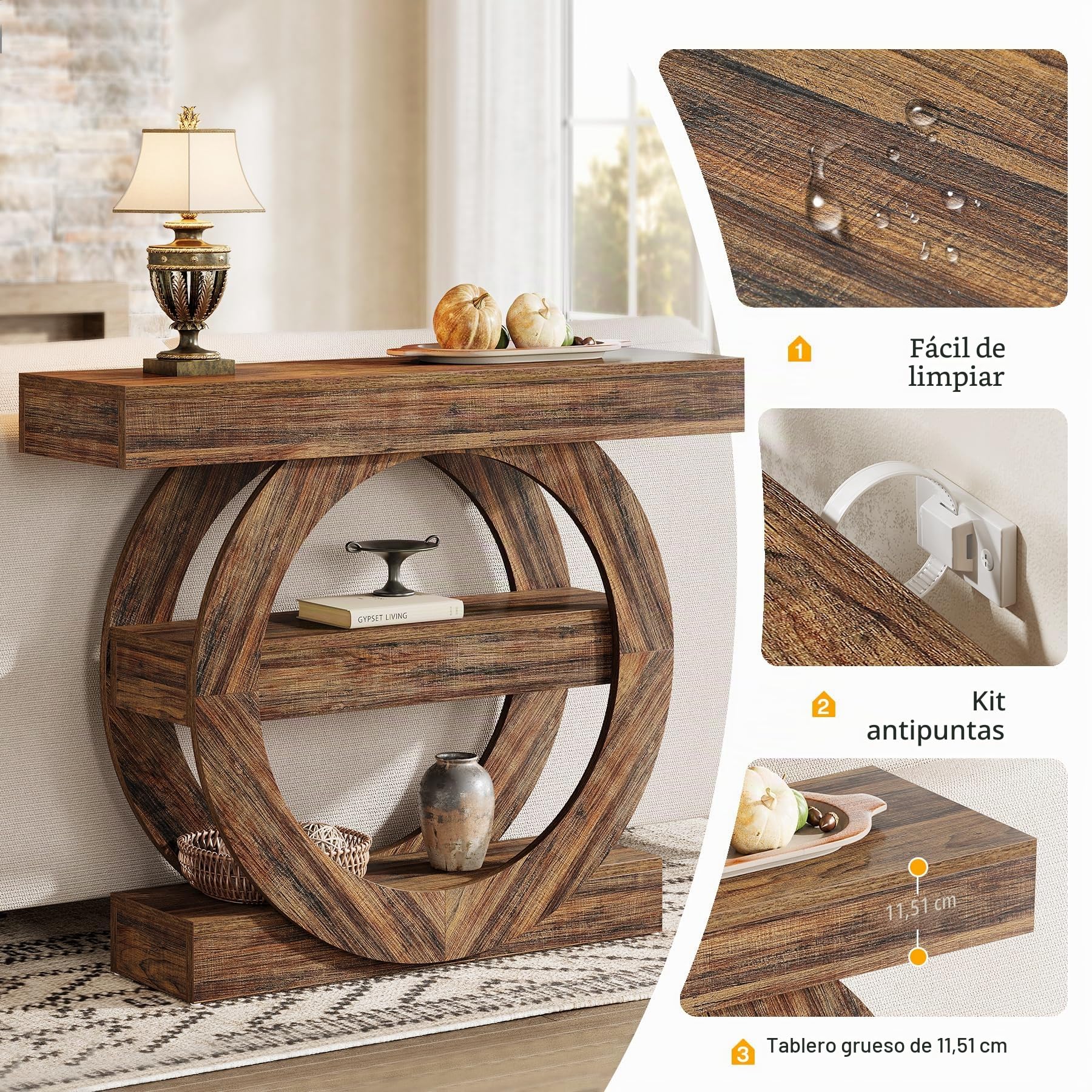 Tribesigns Mesa de entrada de 41 pulgadas con almacenamiento, mesa consola de 3 niveles con estantes, mesas de vestíbulo de madera para entrada, sala de estar, pasillo, detrás del sofá (marrón rústico