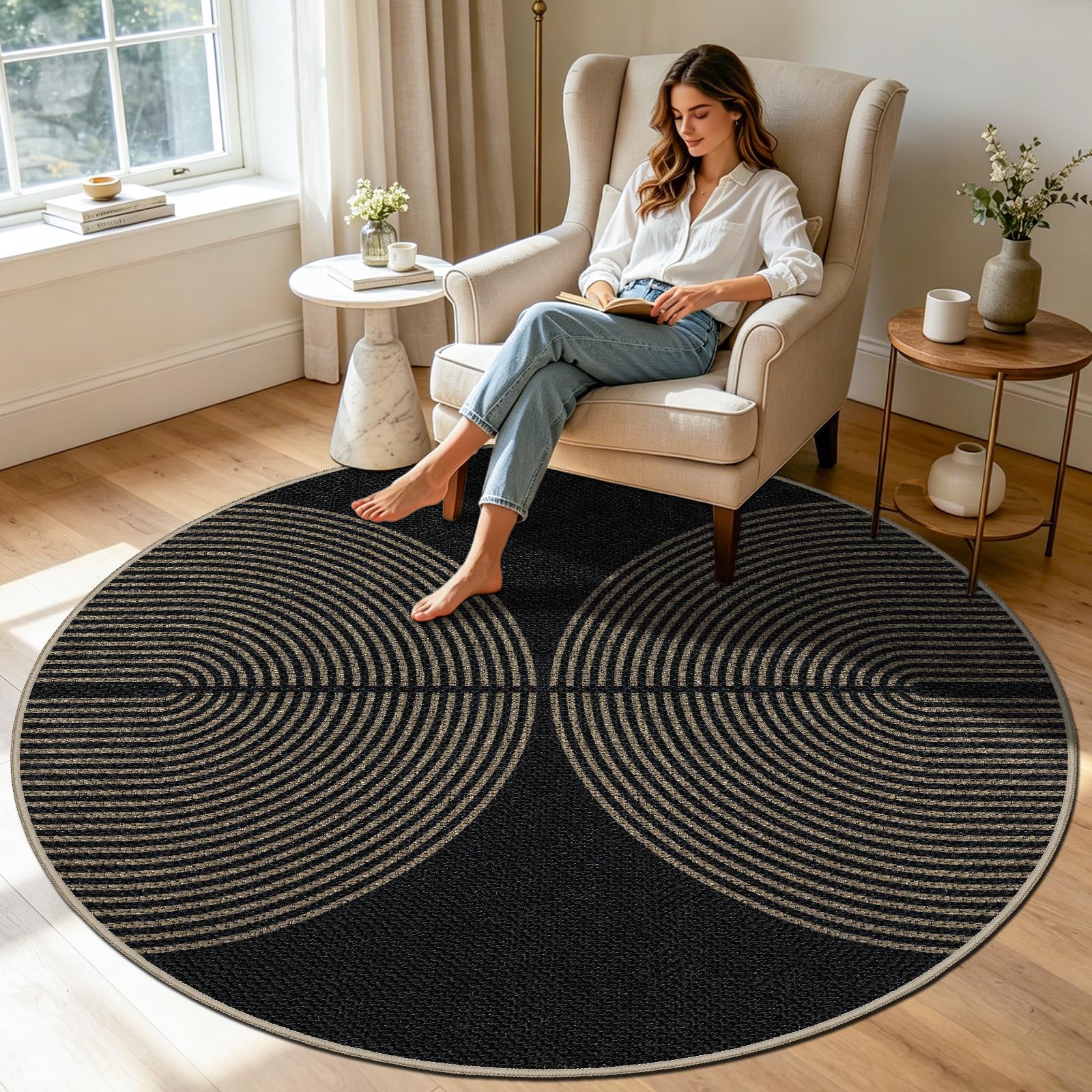 Capslpad Tapis d'extérieur, rond, 160 cm, aspect jute, résistant aux intempéries, lavable, antidérapant, naturel, pour salon, balcon, terrasse, cuisine, jardin - Couleur : noir/naturel