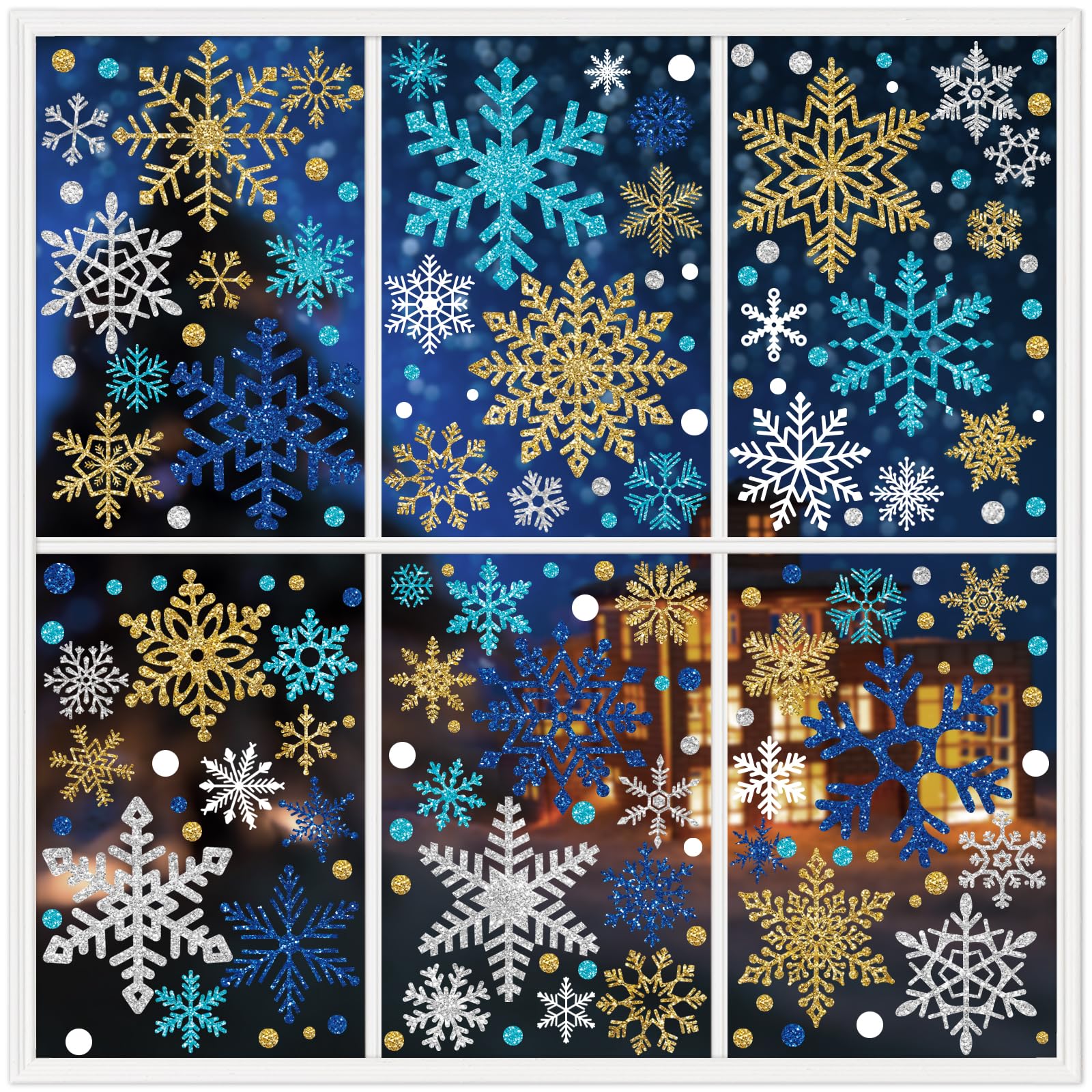 XZENTIRA 525 PCS Winter Glitter Snowflake Window Clings - 9 Sheets Christmas Stickers for Window Display Holiday Party Decorations - Winter Wonderland Large Snowflake Decals