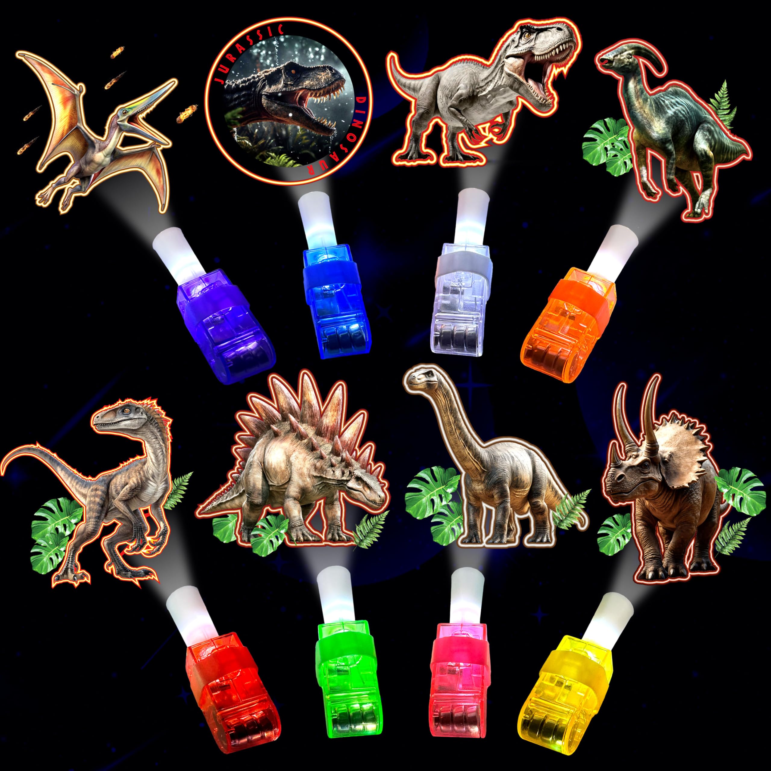 LED Finger Lights 24-Piece Dinosaur - Glow Party Favors For Kids Birthday Goodie Bags Glow In The Dark Toys