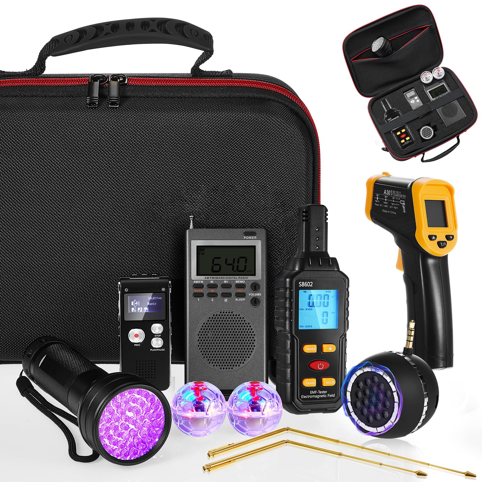 Dunzy 9 Pcs Ghost Hunting Equipment Kit with Emf Meter, Ghost Hunting Research Box, Voice Recorders, Flashlight, Speaker, Motion Light up Cat Balls and Radio