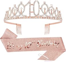 CIEHER 10th Birthday Crown, Sash + Pearl Pin Set - Decorations and Gifts for 10 Year Old Girl's Birthday Party Favors
