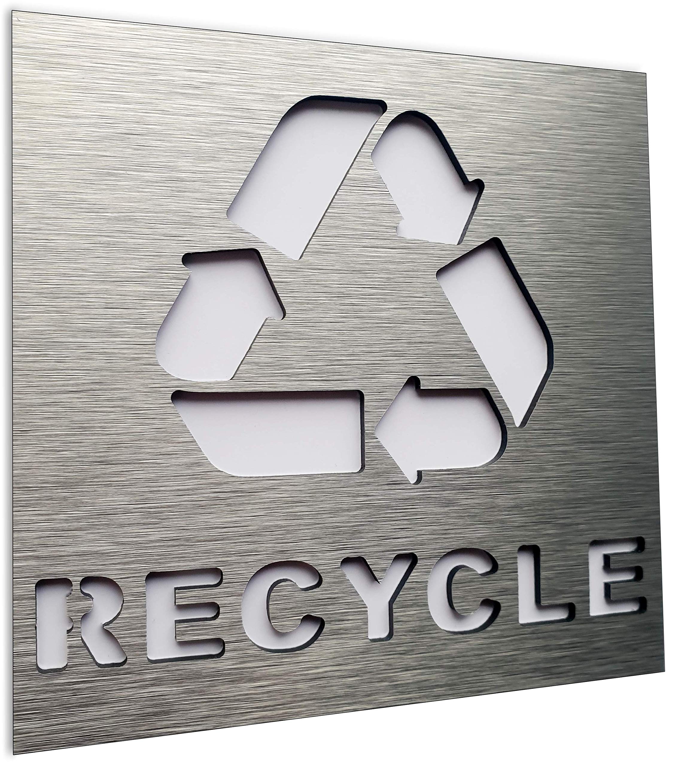 BSYDESIGN Aluminium Bronze Recycle bin Sign - Modern Square Trash Signage for Sorting Plastic, cans, Glass - Recycling Sticker for Trash - Modern Garbage Plaque - Indoor & Outdoor Decal (Silver)