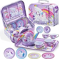 JOYIN Unicorn Tea Party Set for Girls - Purple Tin Teapot Pretend Play with Cups, Plates & Carrying Case - Toddler Kitchen Toy Age 3+ Birthday Gift