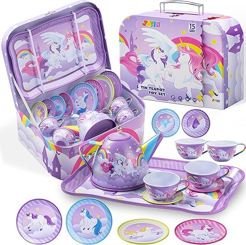 Miniatura 12 de JOYIN Juego de fiesta de té de unicornio para niñas pequeñas, juego de tetera de lata rosa, juguete de cocina con tetera, taza, plato, estuche