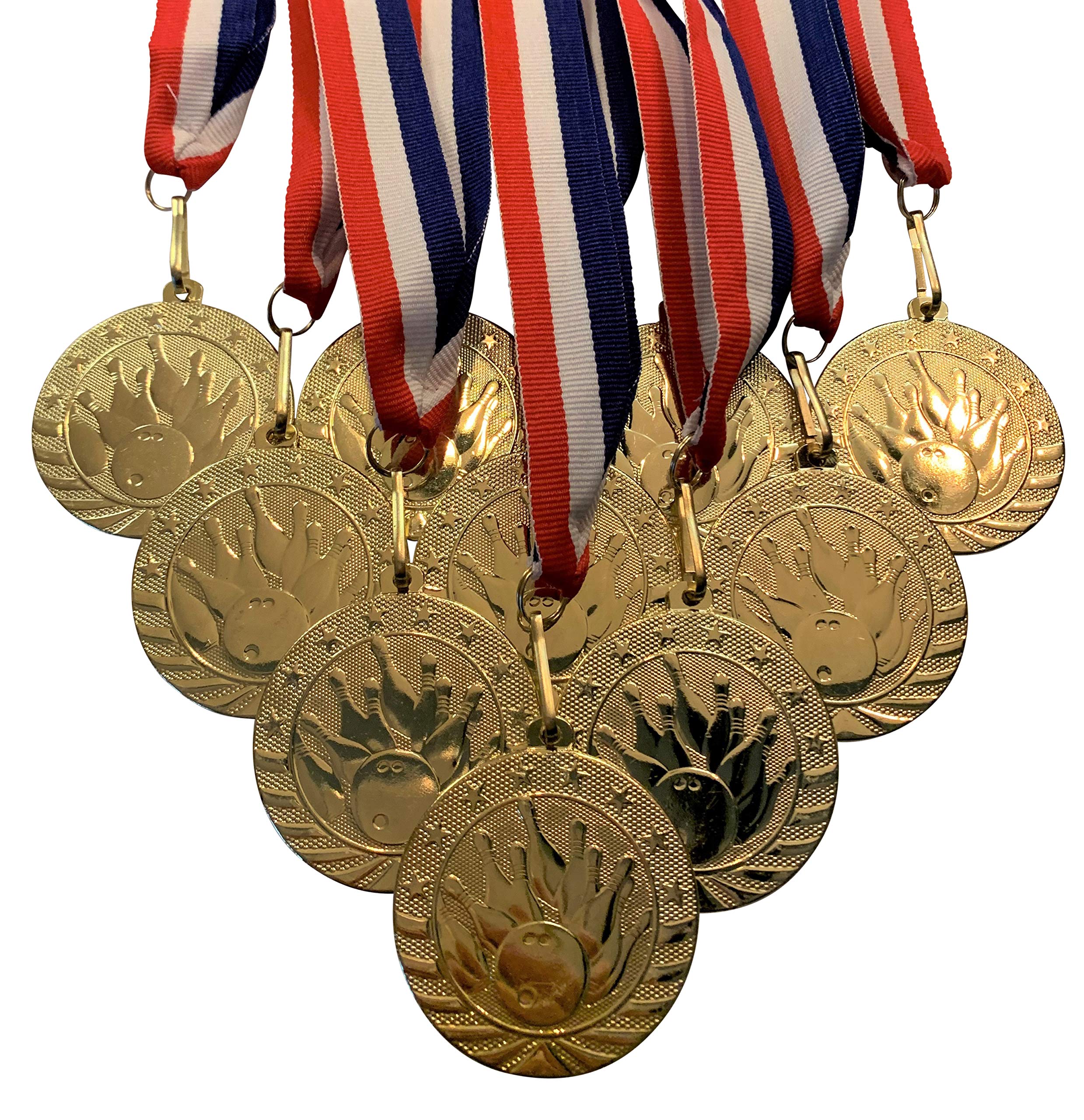 Solid Metal Bowling Medals and Red White and Blue Neck Ribbons. (Pack of 10)