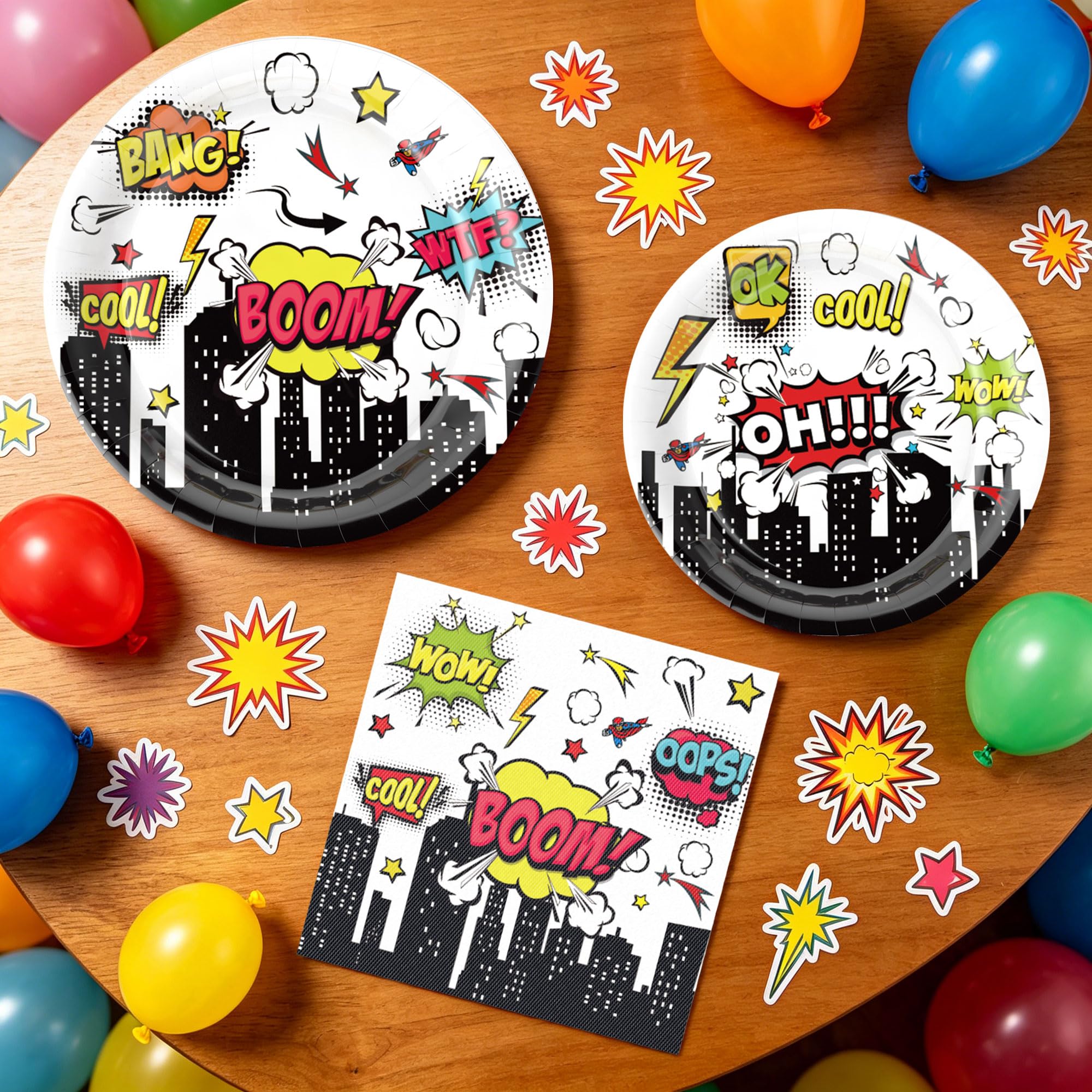 Décoration anniversaire héros avec serviettes et bannière pour fête d'enfants réussie