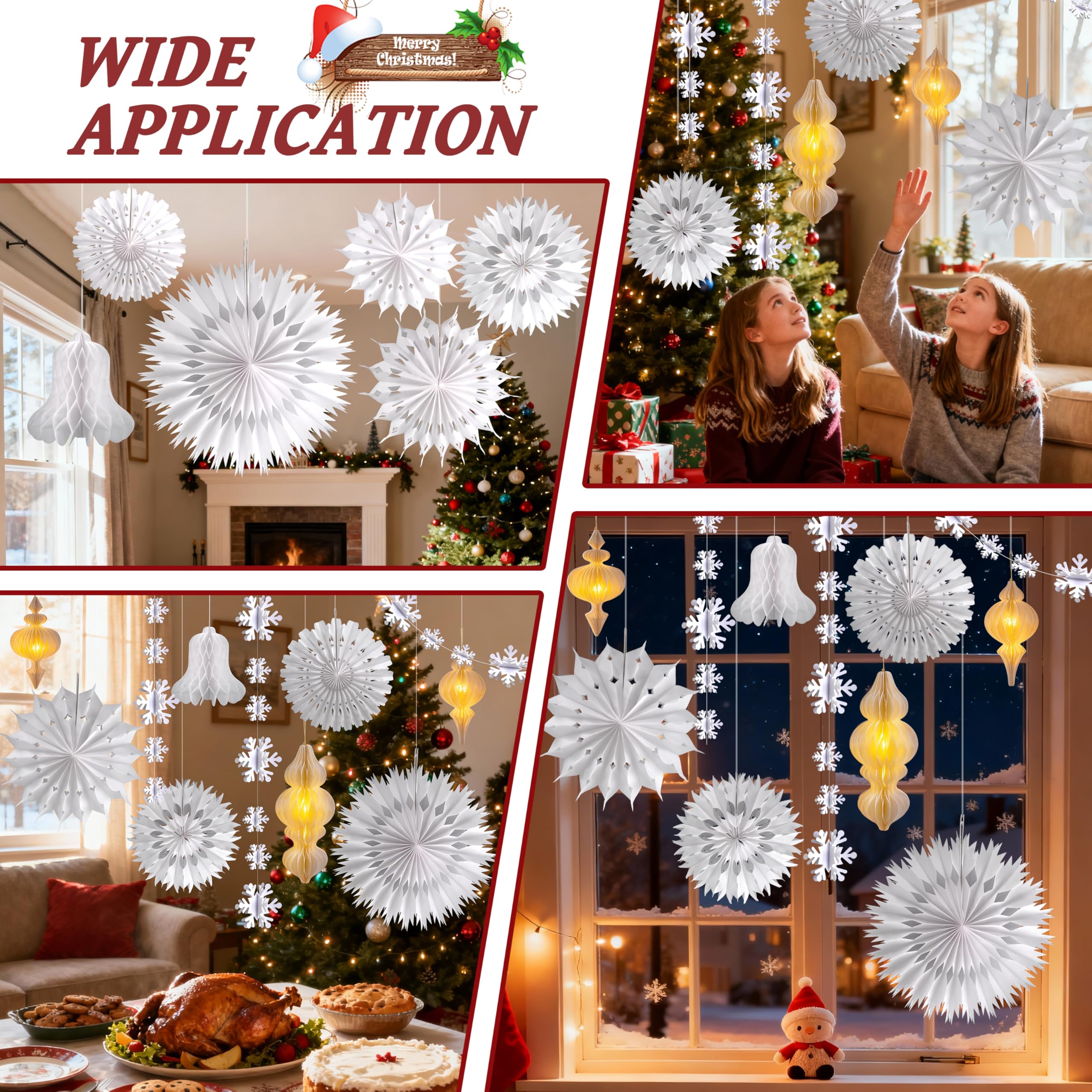 Ensemble de décorations de Noël blanches à suspendre en papier 3D en nid d'abeille, lanternes décoratives en nid d'abeille avec lumières, guirlandes d'éventails en papier pour sapin de Noël