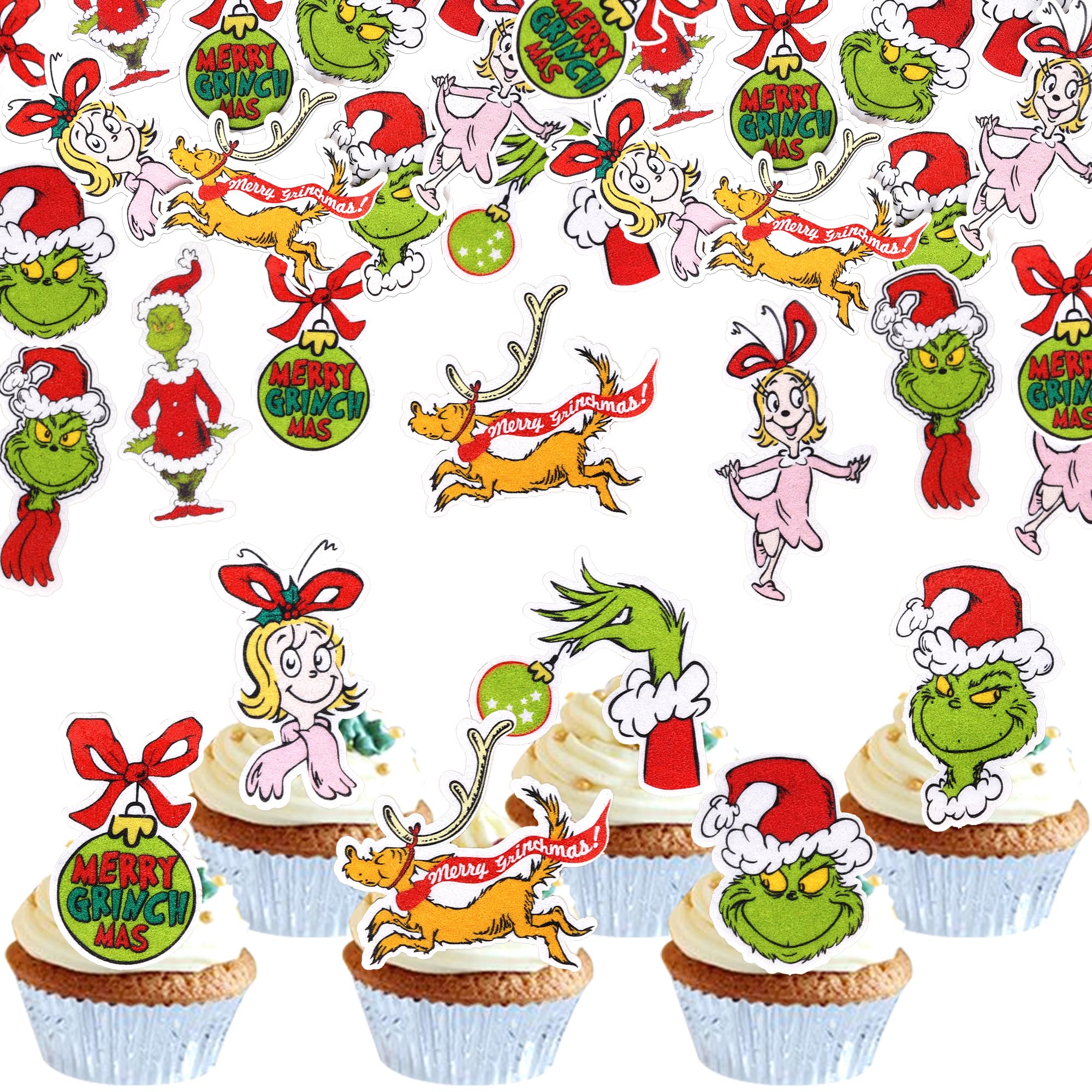 63 Pack Edible Merry Christmas Cupcake Toppers Paper Green Monster Santa Hat Cupcake Picks Edible Christmas Dog Girl Party Cake Decorations for Xmas Theme Baby Shower Girls Birthday Party Supplies