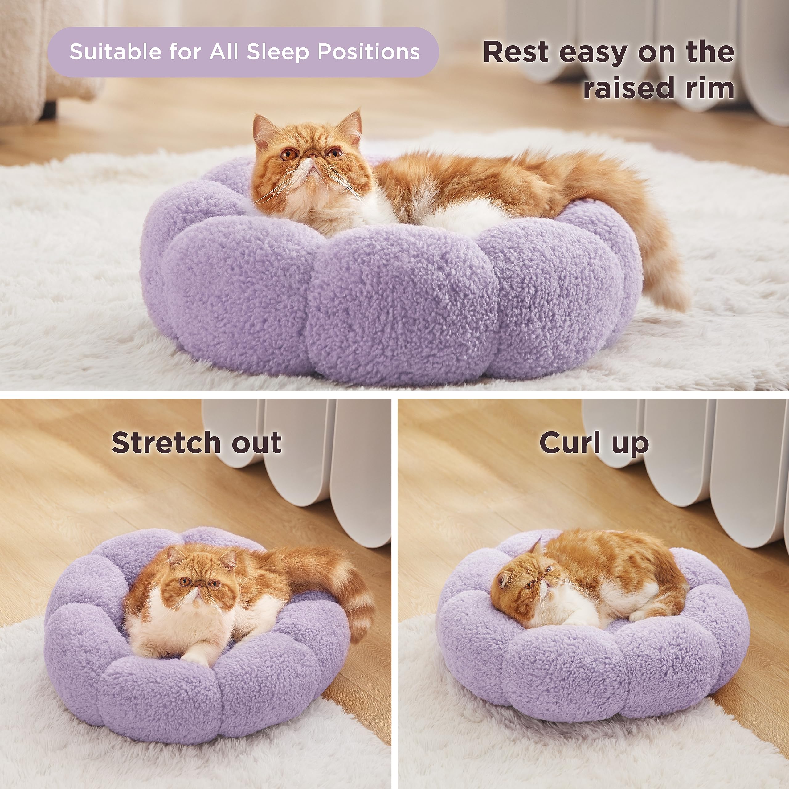 Lesure Calming Cat Beds for Indoor Cats - Cute Flower Pet Beds in Teddy ...