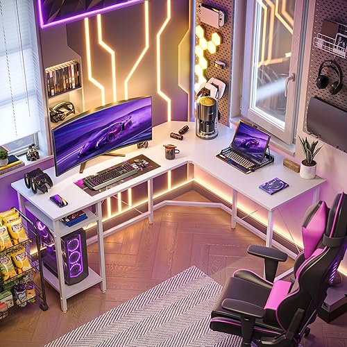 Miniatura 50 de CubiCubi Escritorio en forma de L de 59 pulgadas con puertos de carga USB y luces LED, escritorio de esquina para computadora con cajón y estante de