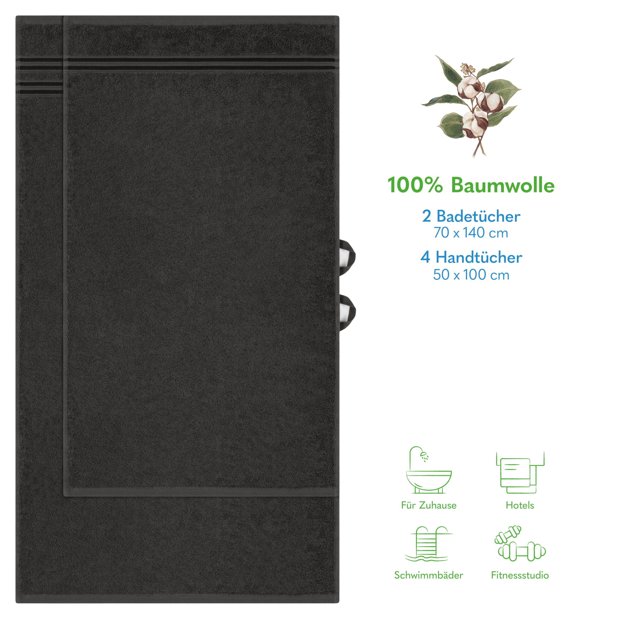 Hammetex 6er Handtücher Set – 2 Badetücher 70x140 cm & 4 Handtücher 50x100 cm – 100% Baumwolle Frottier – Oeko-TEX Zertifiziert – Weich, Saugstark - mit Aufhänge, Anthrazit