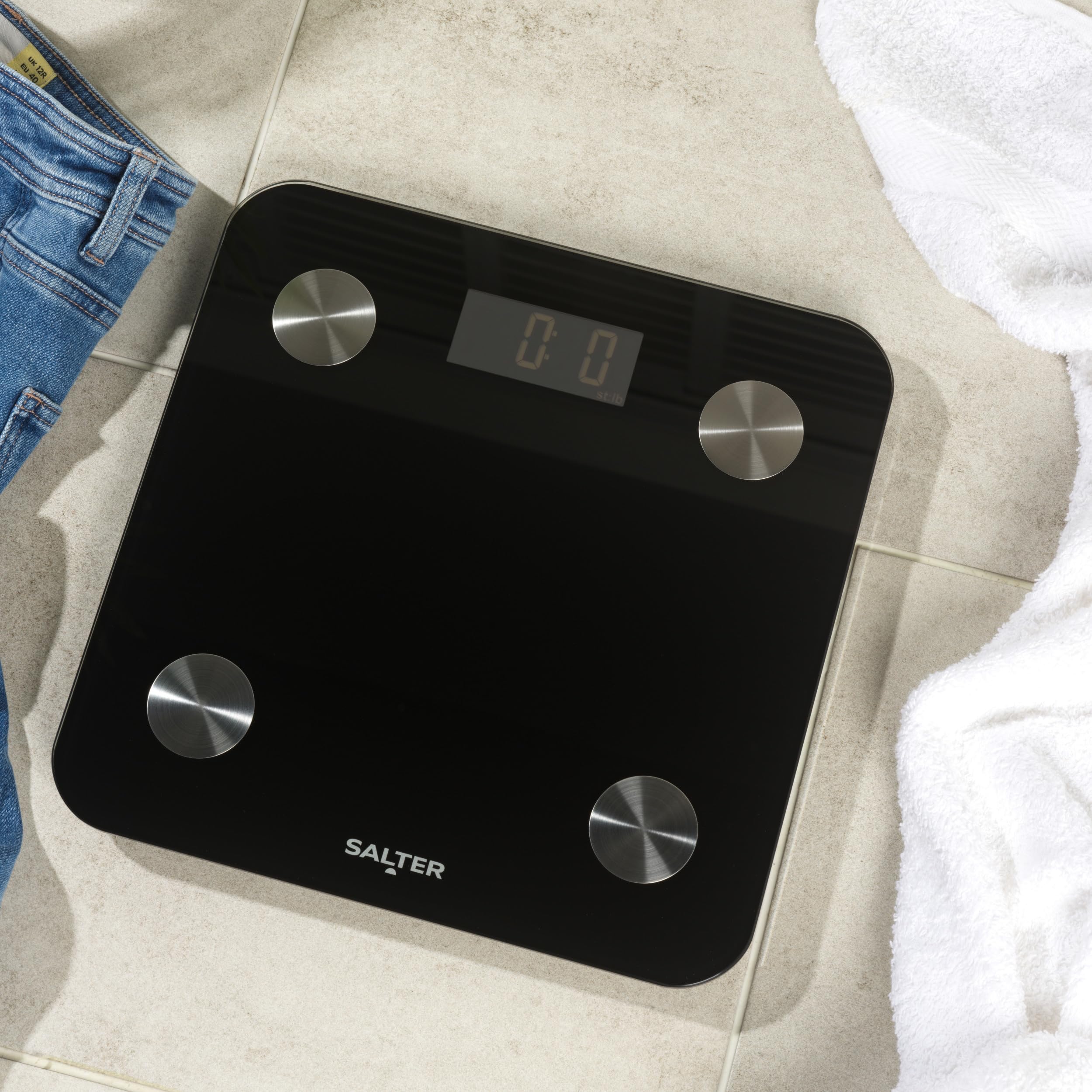 Salter Báscula inteligente - capacidad de 180 kg, 17 métricas corporales, aplicación Salter Health, grasa corporal/agua, masa muscular/ósea, IMC y TMB, 8 memorias de usuario, negro