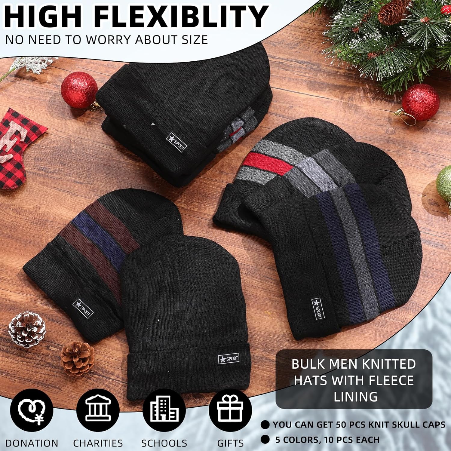 Kigeli 50 Pcs Bulk Winter Beanie for Homeless Donation Unisex Warm Knitted Beanie Hats with Fleece Lining Skull Cap for Women Men Homeless Pure Black - Image 4