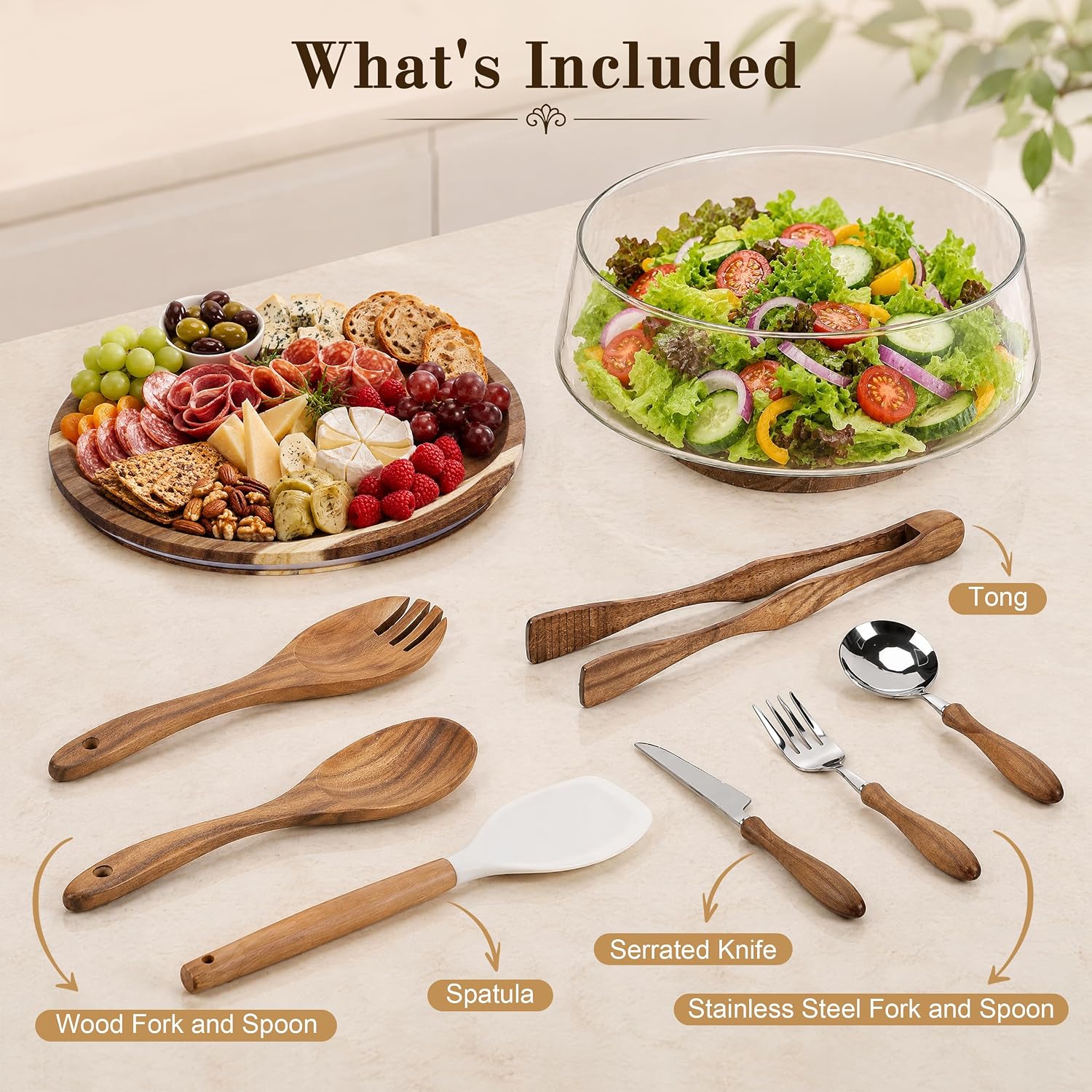 Large Glass Salad Bowl Set with Acacia Wood Base, Lid and Wood Utensils