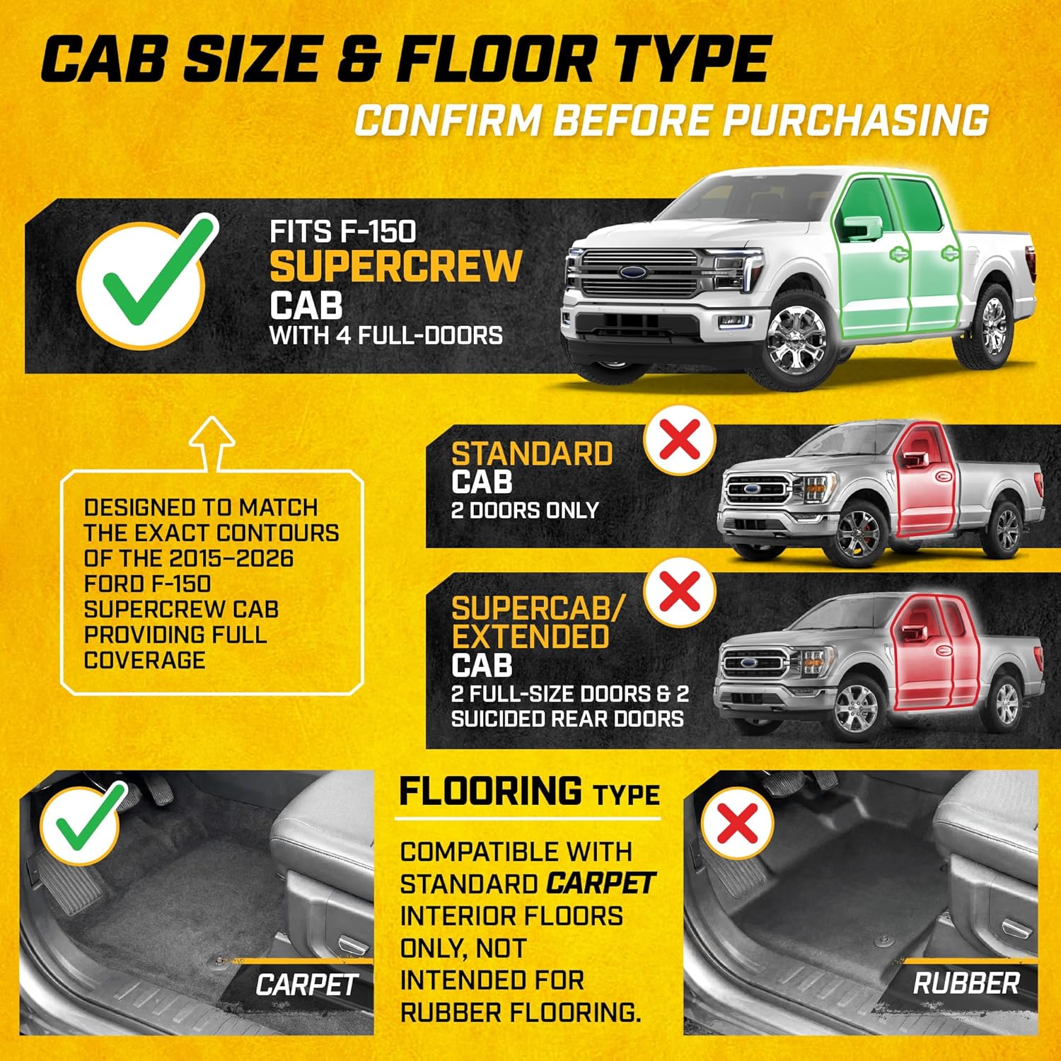 Cat® Floor Mats for 2015-2026 Ford F-150 SuperCrew Cab, Front & Rear, All Weather Protection 3D Contour Fit Custom Fit Floor Liners, Black