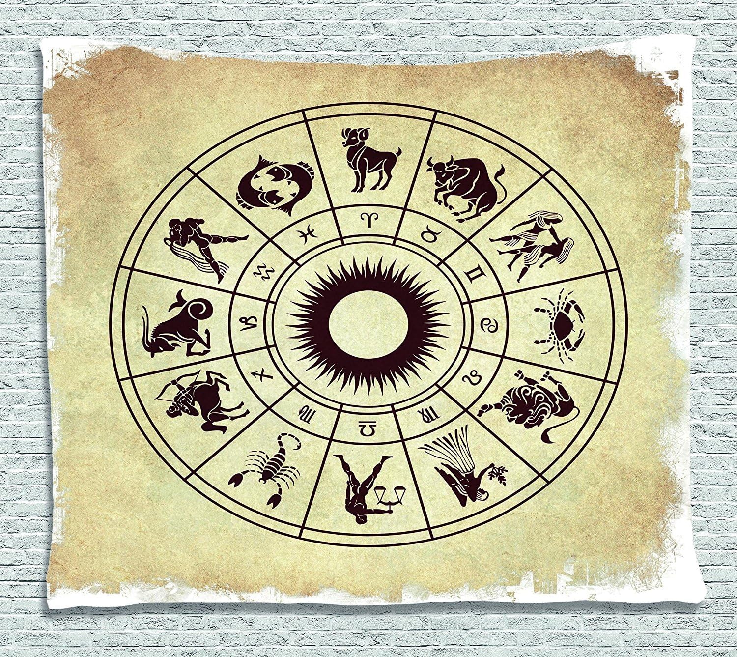 jjonepin Zodiac Decor Tapestry, Wheel of Horoscope Icons on Distressed Backdrop Cosmos Occult Print Artwork, Wall Hanging for Bedroom Living Room Dorm, 80 W X 60 L Inches, Brown Beige