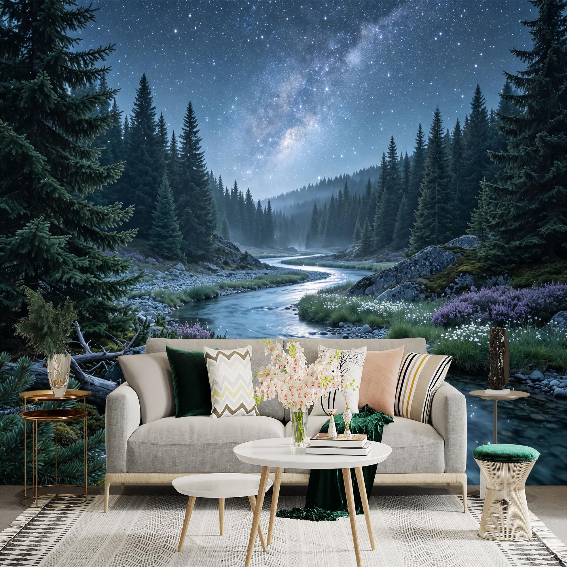Lnzczhyre Bh260719812 Custom Size Wall Sticker Mural， Milky Way Over Coniferous Forest， Misty Riverbank， Wilderness Nature Landscape， For Wall Decoration， Peelandstick Wall Decals.