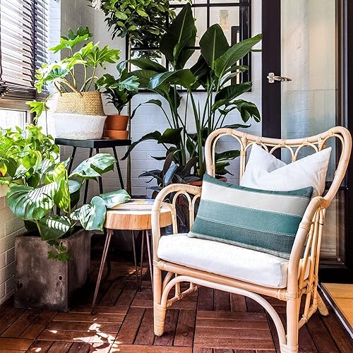 Miniatura 6 de AmHoo Juego de 2 fundas de almohada de lino y algodón, funda de almohada decorativa para sofá o banco, rayas, estilo granja, 12 x 20 pulgadas, verde