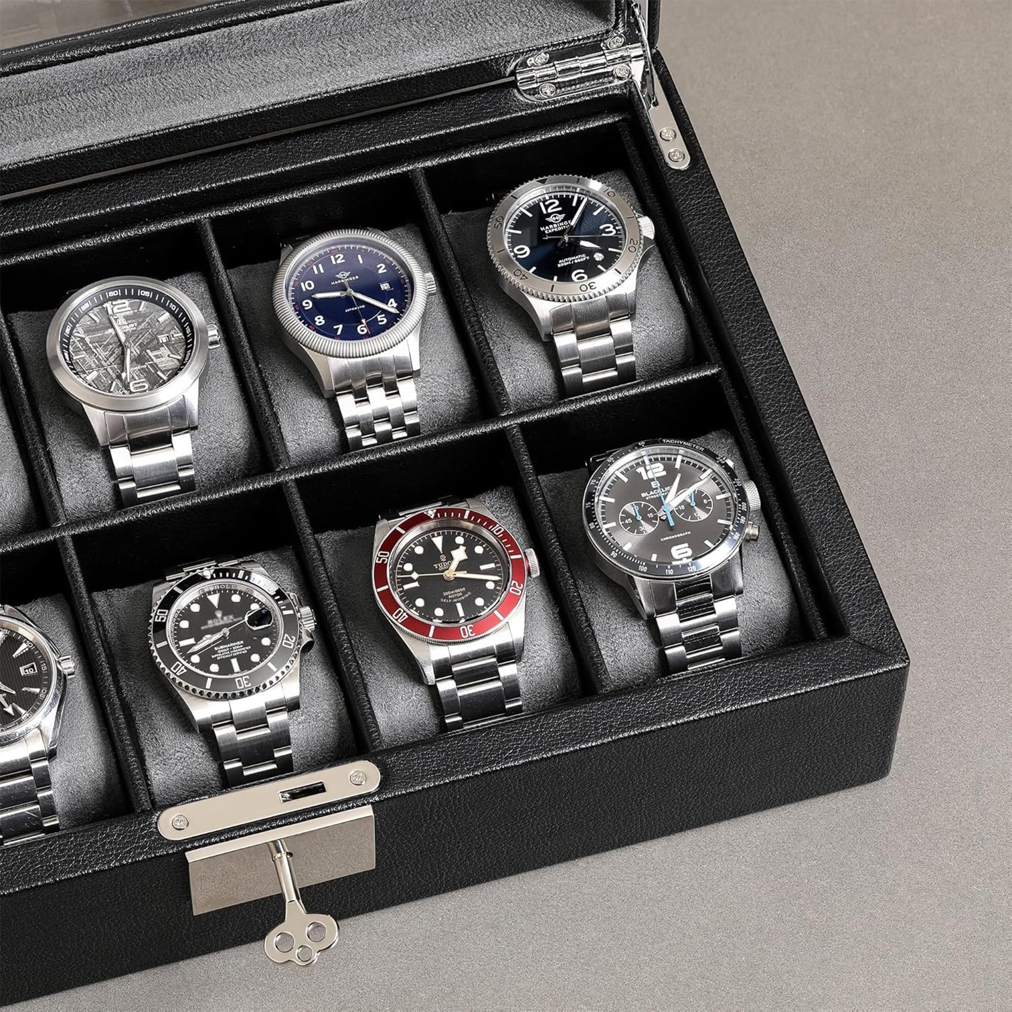 ROTHWELL Uhrenbox aus Leder mit 10 Fächern – Luxus-Uhrenetui, Veranstalter Uhrenaufbewahrung, Ultraweiches Mikro Wildlederimitat Futter, Abschließbarer Schmuck-Uhrenhalter mit Großer Glasplatte