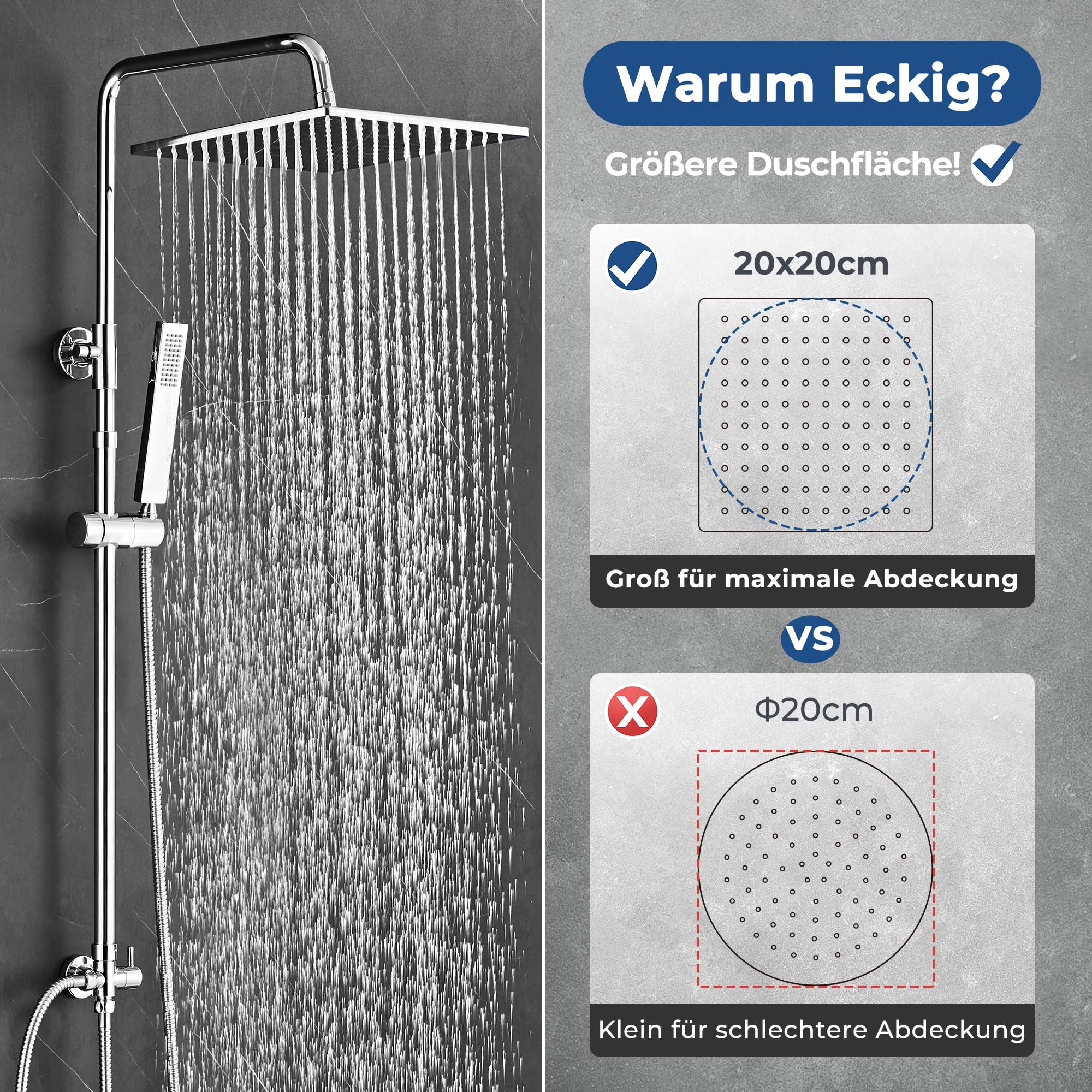 Görbach e Kolumna prysznicowa ze stali nierdzewnej, bez kranu, drążek prysznicowy z regulacją wysokości 74–114 cm, słuchawka prysznicowa XXL, 20 x 20 cm, chromowana