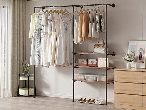 Perchero industrial de tubería con estantes, estante de ropa industrial para colgar ropa, estante de almacenamiento de armario montado en la pared