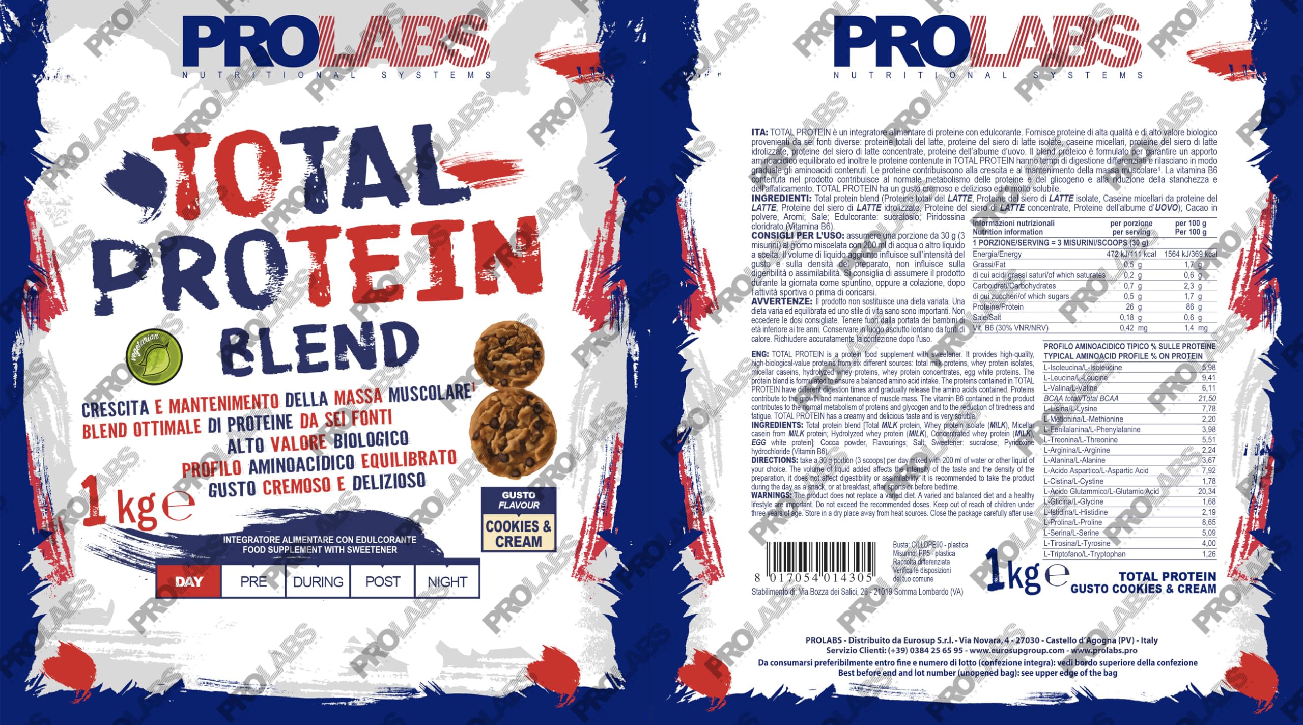 PROLABS TOTAL PROTEIN – Blend di 6 Proteine con Whey Isolate, Idrolizzate e Concentrate | Rilascio Graduale | Supporto Massa Muscolare | Con Vitamina B6 | Ottima Solubilità | 1000 g | Cookies&Cream
