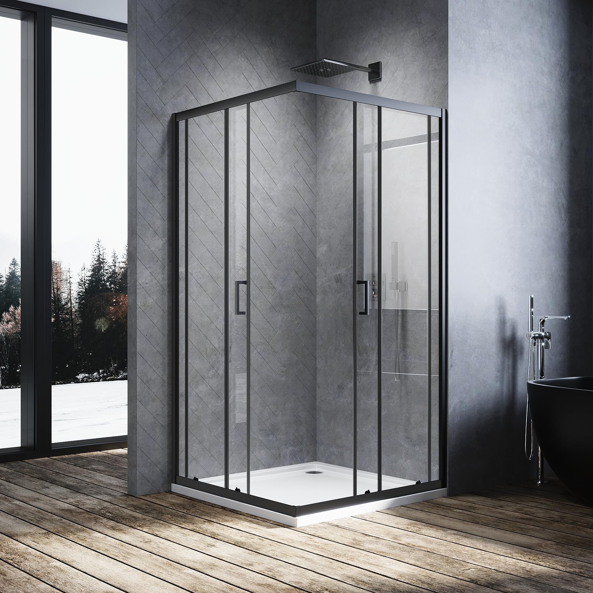 Cabina de ducha esquinera 80 x 100 cm, puerta corredera, cabina de ducha completa con puerta corredera de cristal de seguridad de 5 mm (ESG), altura: 195 cm, marco negro