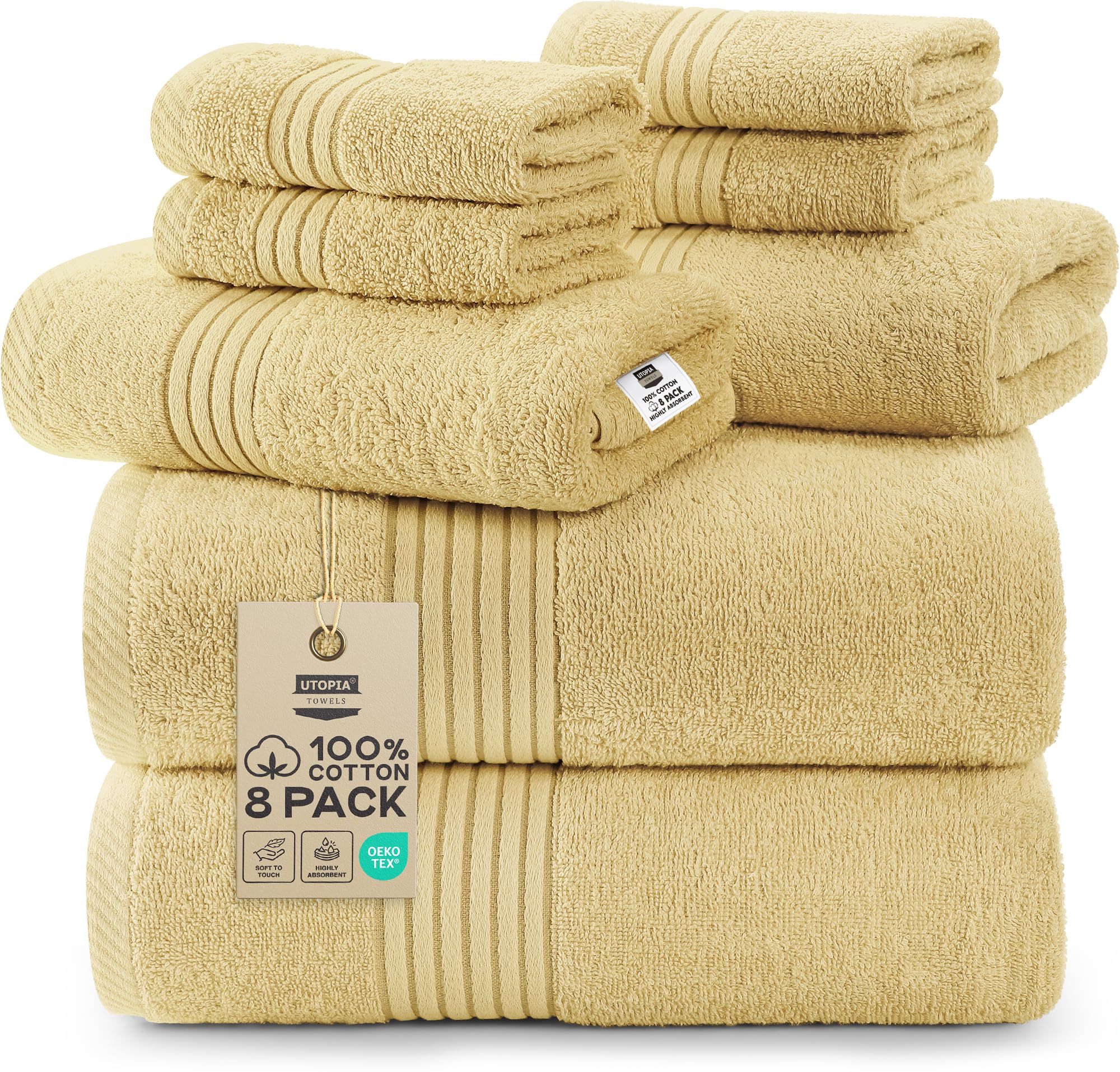 Utopia Towels - 600 GSM 8-Piece Premium Towel Set, 2 Bath Towels, 2 Hand Towels and 4 Washcloths -100% Ring Spun Cotton - Machine Washable, Super Soft and Highly Absorbent (Beige)