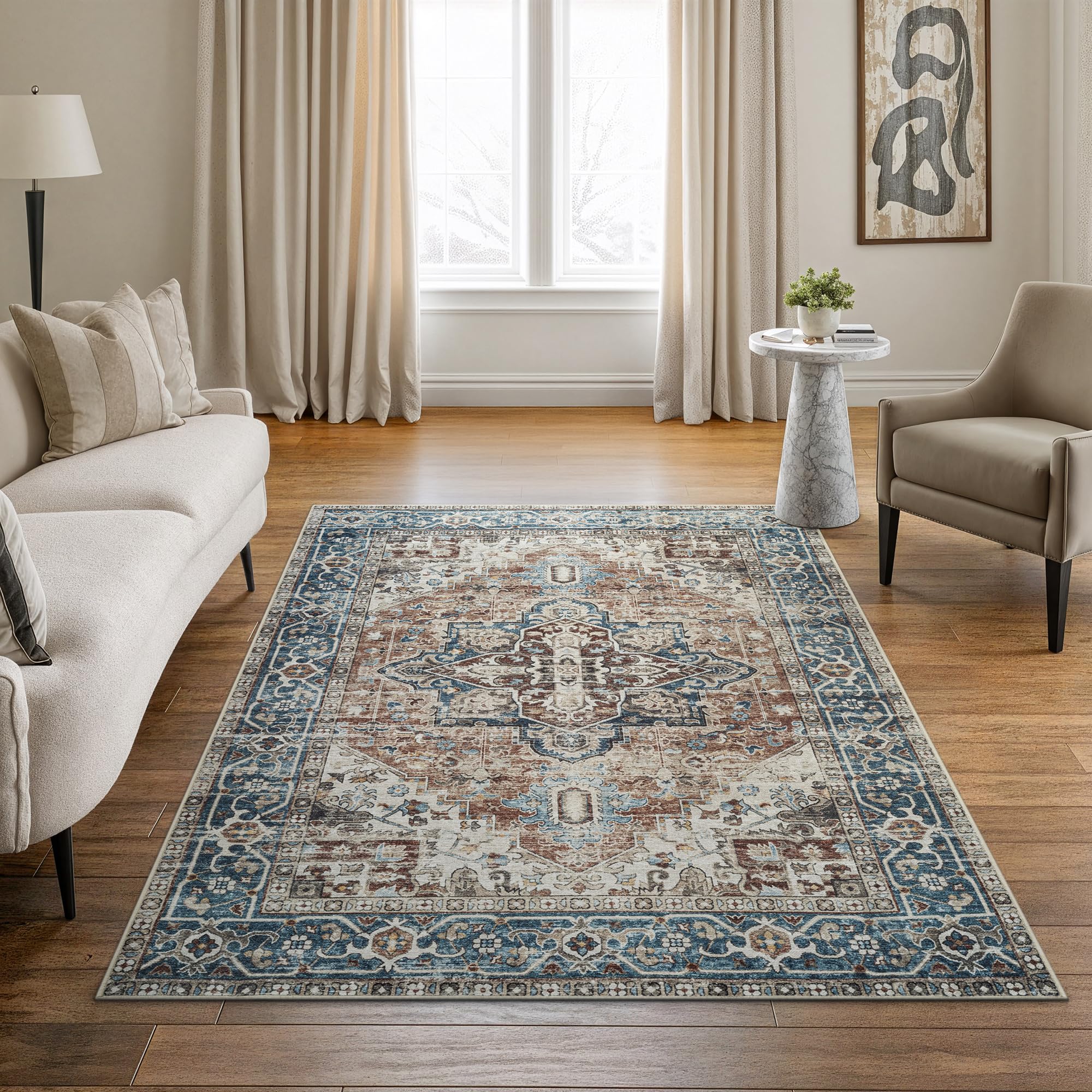Bloom Rugs Caria Washable Non-Slip 5x7 Rug - Terracotta/Blue Traditional Area Rug for Living Room, Bedroom, Dining Room, and Kitchen - Exact Size: 5'
