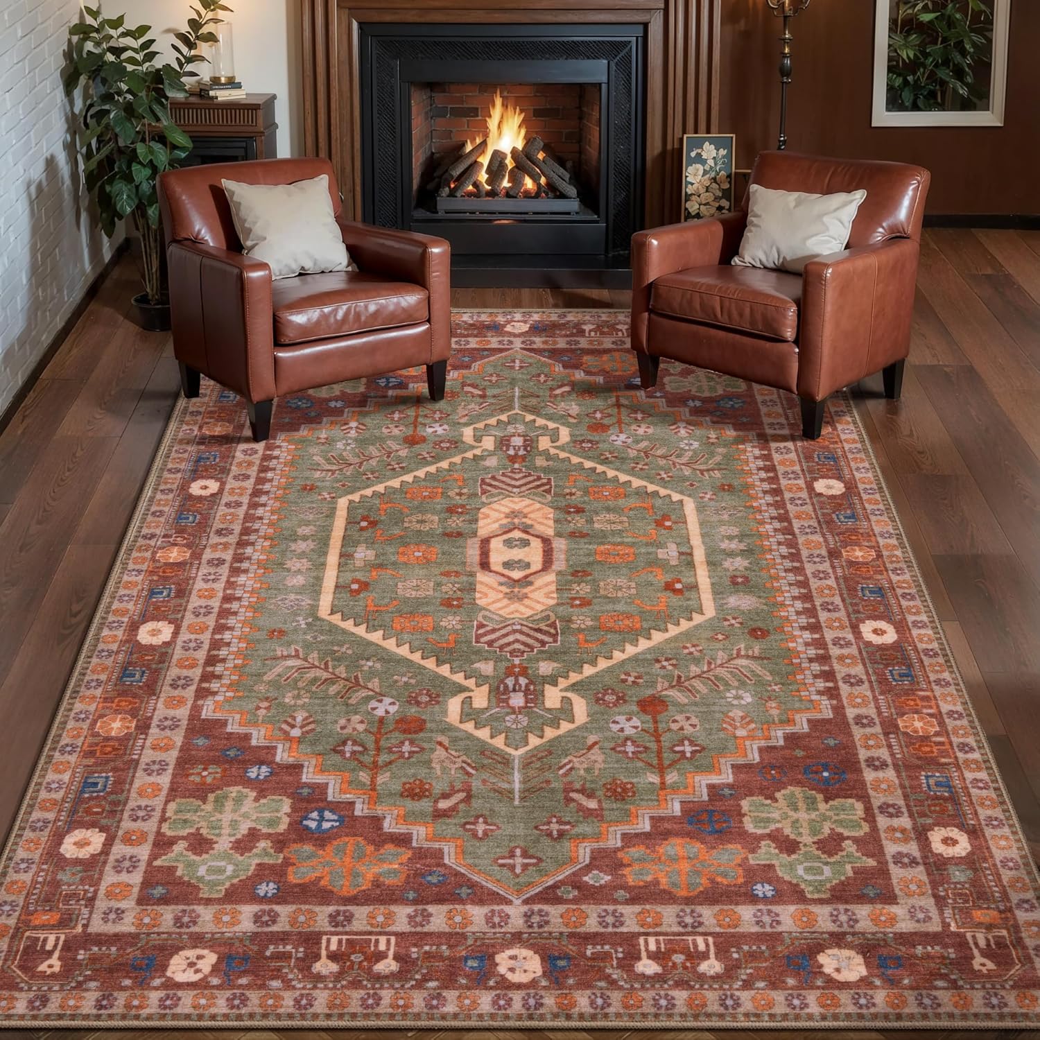 Ciicool 3x5 Area Rug, Washable Red Boho Rugs for Bedroom Non-Slip Indoor Rugs Large Low-Pile Mat Floor Carpet Vintage Rug for Kitchen Living Room Office Dinning Foyer Decor