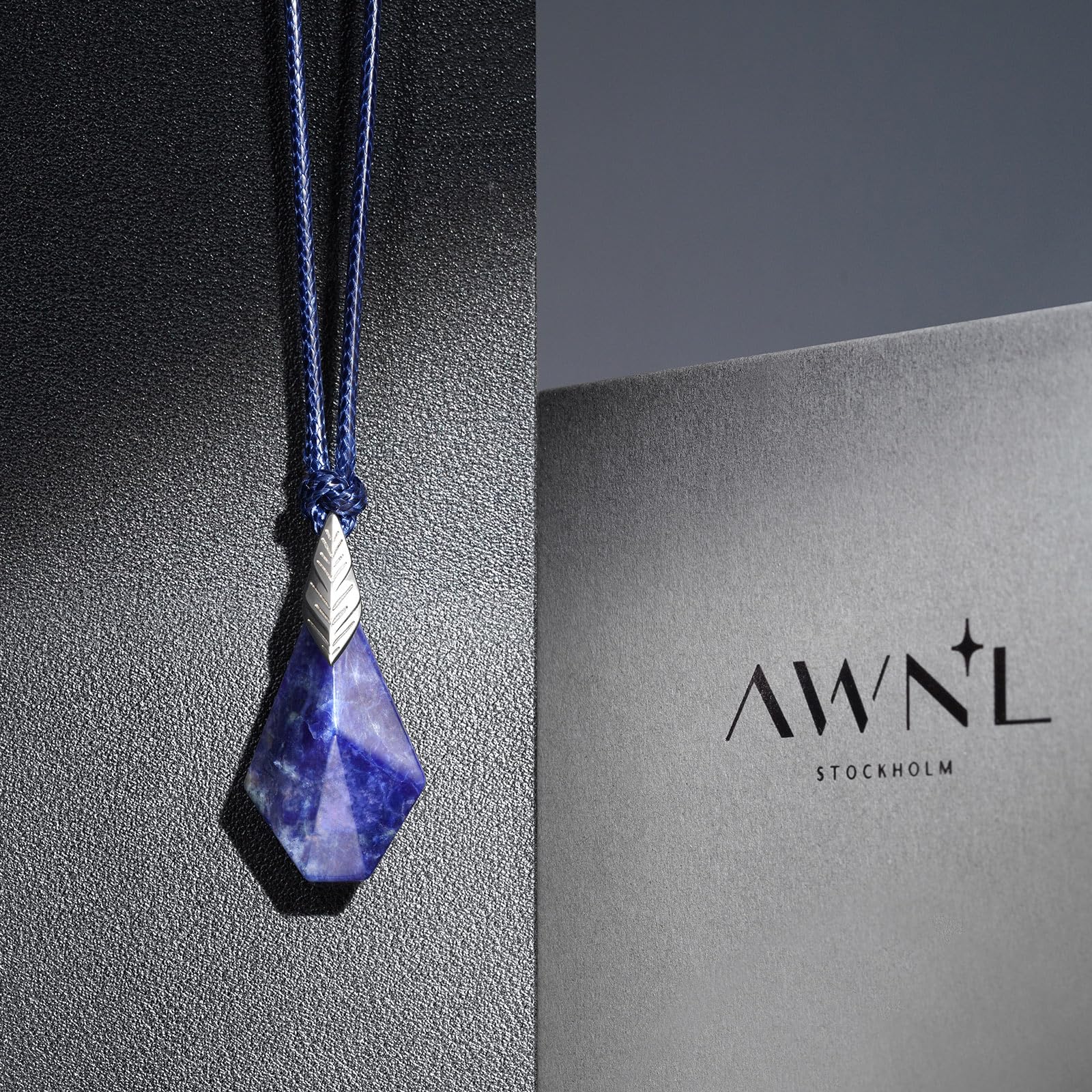 AWNL Sodalite Pendant Necklace for Men Natural Gemstone Sterling Silver Pendant Necklace with Stainless Steel Chain Waxed Cord Gift for Men